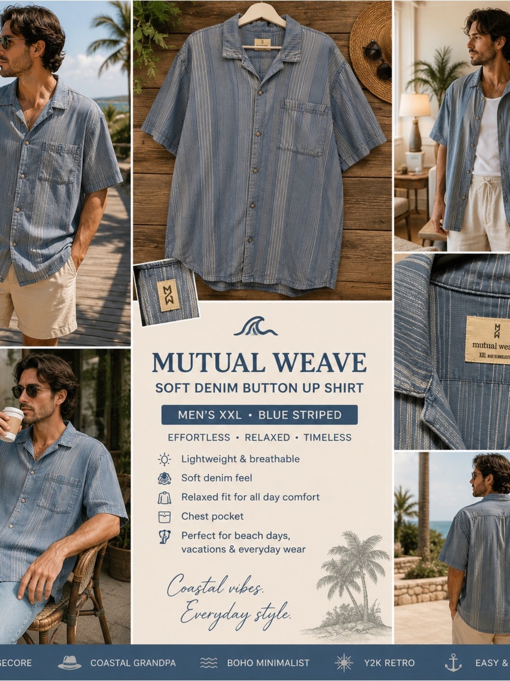 Mutual Weave Shirt XXL Blue Striped Soft Denim Cottagecore Coastal Grandpa Y2K
